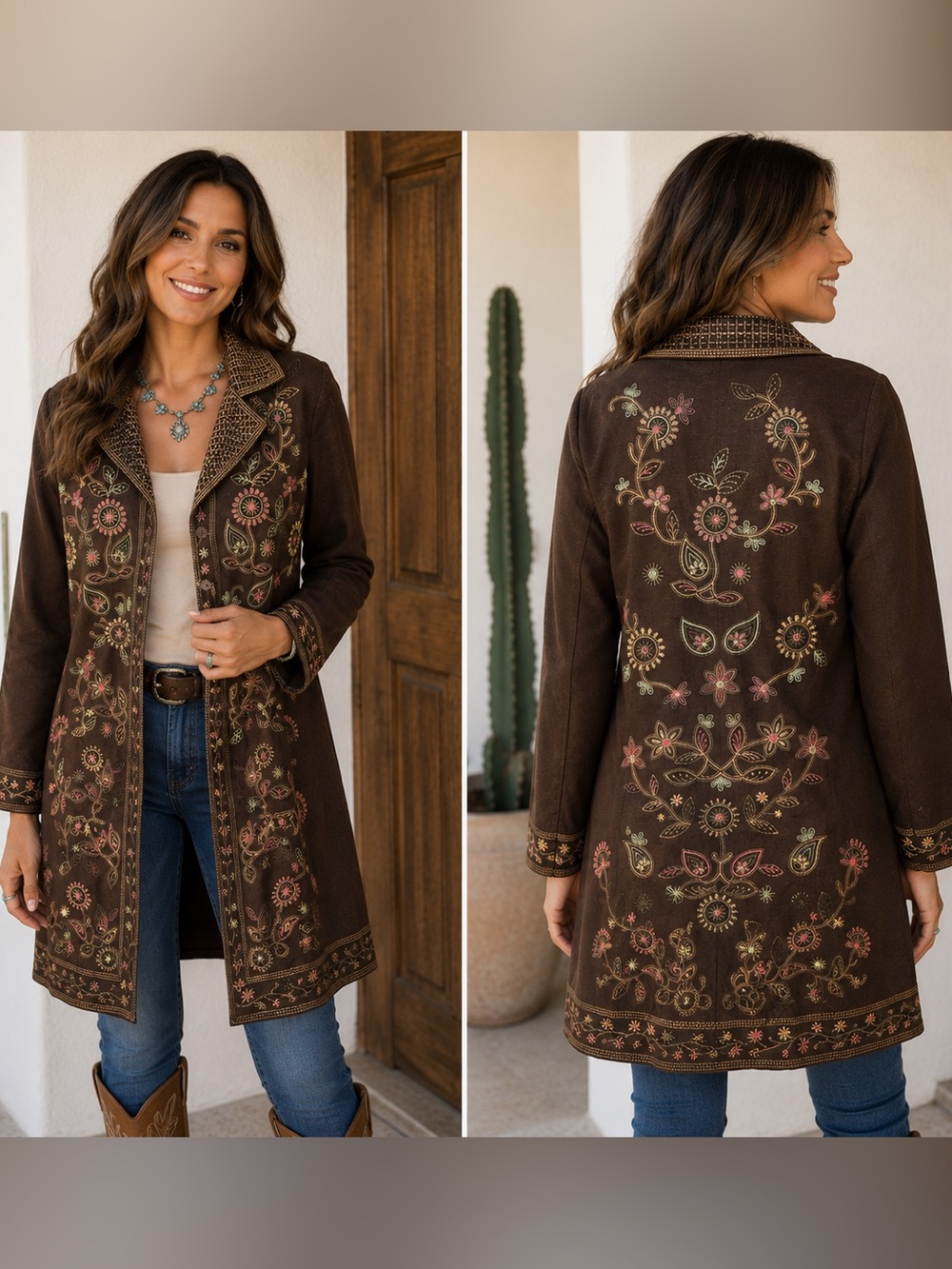 SilkLand Brown Embroidered Floral Jacket with Pink and Green Accents